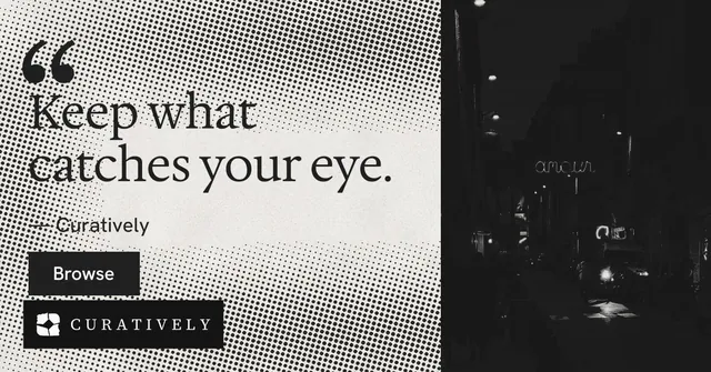 Social ad for Curatively: "Find it by colour." Swiss style, quote layout, light palette in grey, white, black.