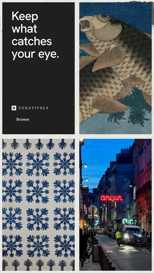Instagram story for Curatively: "Keep what catches your eye." Swiss style, collage layout, dark palette in grey, black, blue.