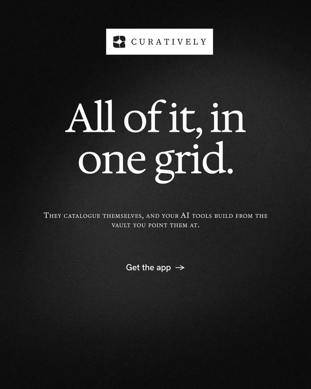 Instagram portrait post for Curatively: "All of it, in one grid." Minimal luxury style, smallcaps layout, dark palette in black, grey.