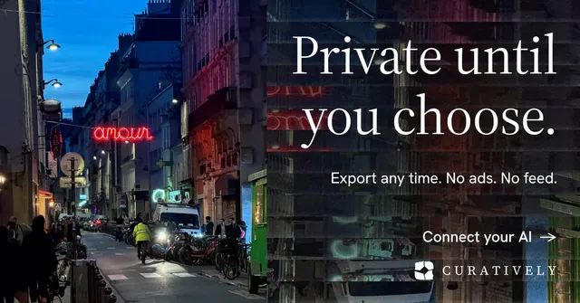 Social ad for Curatively: "Private until you choose." Minimal luxury style, right layout, dark palette in black, blue, red.