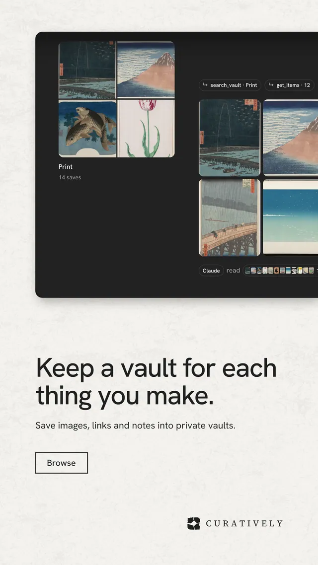 Instagram story for Curatively: "Keep a vault for each thing you make." Editorial style, bottom layout, light palette in white, black, grey.