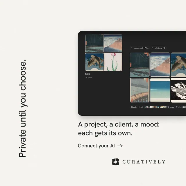 Instagram post for Curatively: "Private until you choose." Minimal luxury style, vertical layout, light palette in white, black, grey.