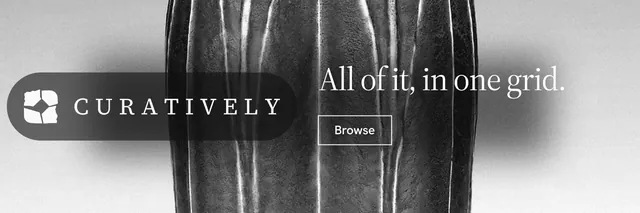 X header for Curatively: "All of it, in one grid." Editorial style, logo hero layout, light palette in grey, black, white.