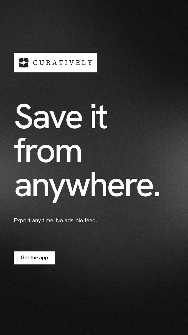 Instagram story for Curatively: "Save it from anywhere." Swiss style, announce layout, dark palette in black, grey.