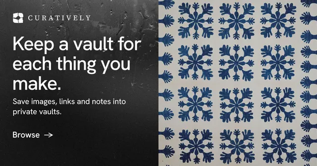 Social ad for Curatively: "Keep a vault for each thing you make." Minimal luxury style, bottom layout, dark palette in grey, black.