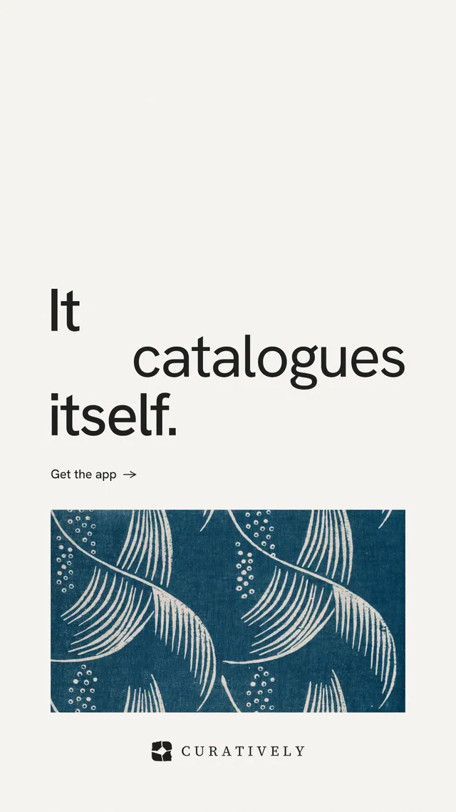 Instagram story for Curatively: "It catalogues itself." Minimal luxury style, stacked layout, light palette in white, grey.