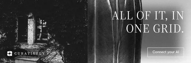 X header for Curatively: "All of it, in one grid." Editorial style, right layout, dark palette in grey, black.