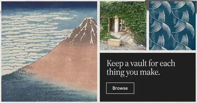 Social ad for Curatively: "Keep a vault for each thing you make." Editorial style, collage layout, light palette in grey, black.