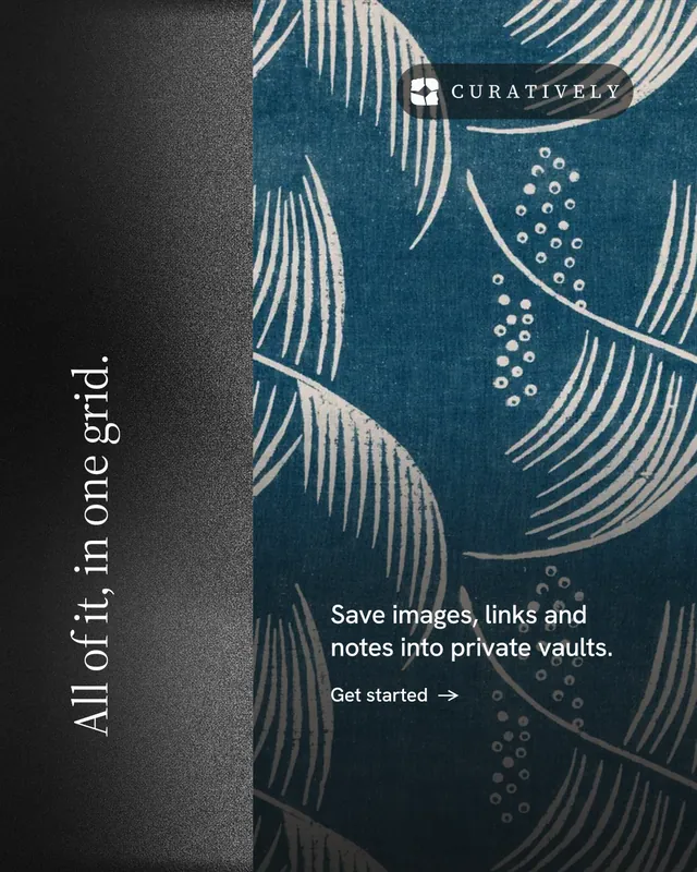 Instagram portrait post for Curatively: "All of it, in one grid." Minimal luxury style, vertical layout, dark palette in black, blue, grey.
