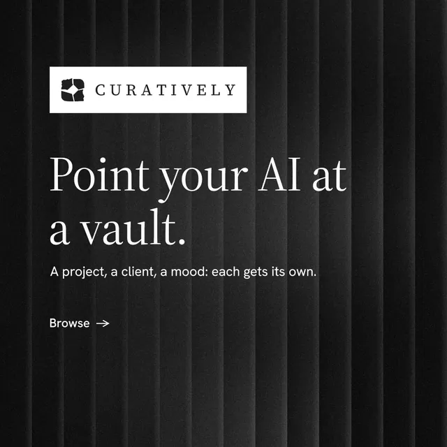 Instagram post for Curatively: "Point your AI at a vault." Minimal luxury style, announce layout, dark palette in black, grey.