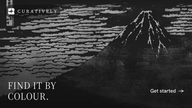 Landscape graphic for Curatively: "Find it by colour." Editorial style, image led layout, dark palette in grey, black.