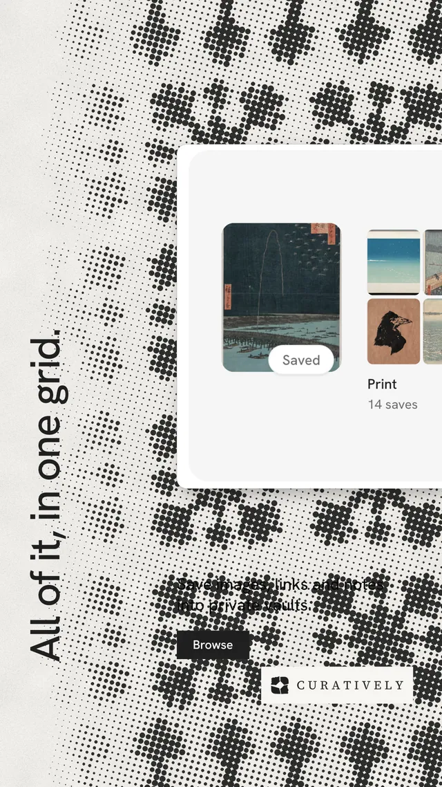 Instagram story for Curatively: "All of it, in one grid." Swiss style, vertical layout, light palette in white, grey.