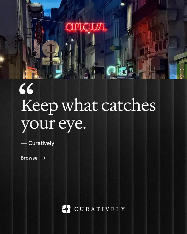 Instagram portrait post for Curatively: "Saved, sorted and yours." Minimal luxury style, quote layout, dark palette in black, grey.