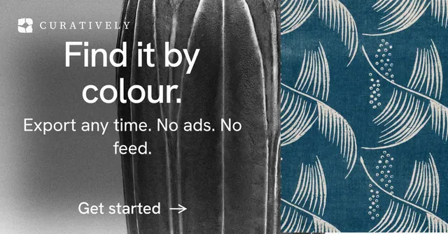 Social ad for Curatively: "Find it by colour." Minimal luxury style, skeleton layout, dark palette in grey, black, blue.