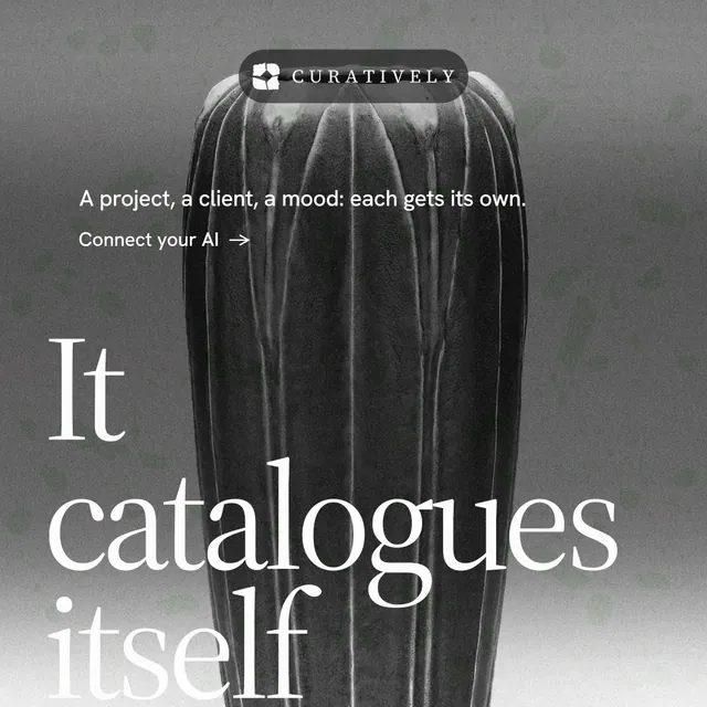 Instagram post for Curatively: "Find it by colour." Minimal luxury style, oversized layout, dark palette in grey, black, white.