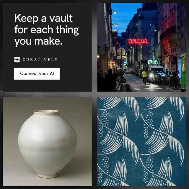 Instagram post for Curatively: "Keep a vault for each thing you make." Swiss style, collage layout, dark palette in grey, black, blue.