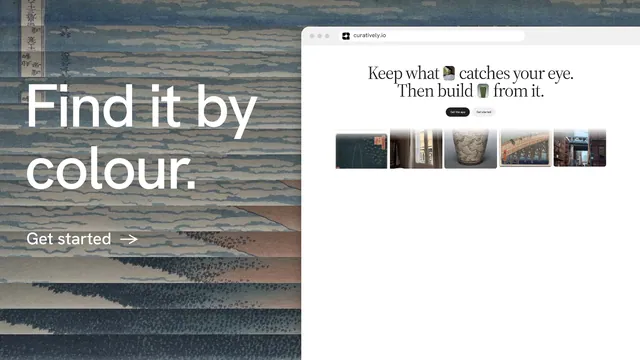Landscape graphic for Curatively: "Find it by colour." Minimal luxury style, browser layout, light palette in white, grey.