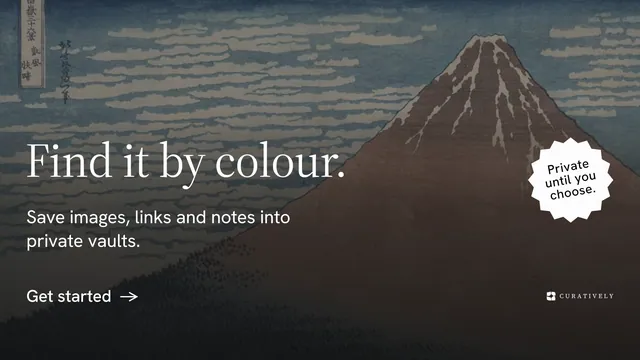 Landscape graphic for Curatively: "Find it by colour." Minimal luxury style, sticker layout, dark palette in black, grey.