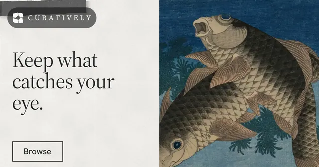 Social ad for Curatively: "Keep what catches your eye." Editorial style, bottom layout, light palette in grey, blue, white.