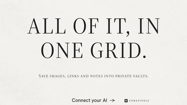 Landscape graphic for Curatively: "All of it, in one grid." Minimal luxury style, smallcaps layout, light palette in white, grey.