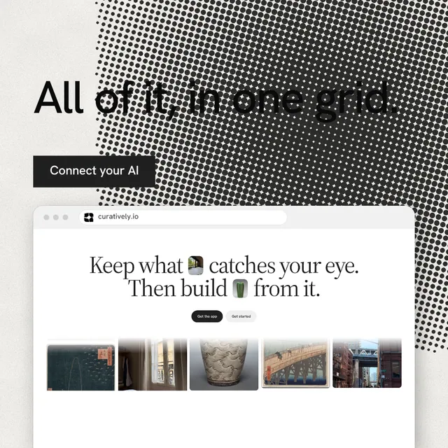 Instagram post for Curatively: "All of it, in one grid." Swiss style, browser layout, light palette in white, grey.