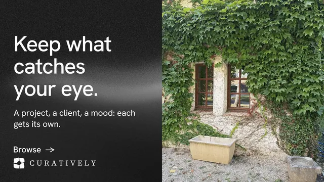 Landscape graphic for Curatively: "Keep what catches your eye." Minimal luxury style, bottom layout, dark palette in black, grey.