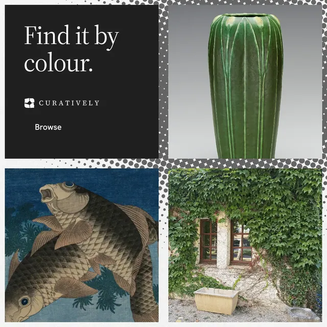 Instagram post for Curatively: "Find it by colour." Split block style, collage layout, dark palette in grey, black, white.