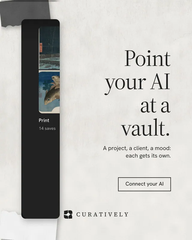 Instagram portrait post for Curatively: "Point your AI at a vault." Editorial style, right layout, light palette in white, grey.