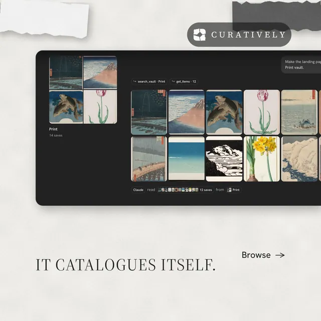 Instagram post for Curatively: "It catalogues itself." Editorial style, image led layout, light palette in white, black, grey.