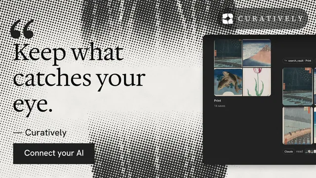 Landscape graphic for Curatively: "Find it by colour." Swiss style, quote layout, light palette in black, grey, white.