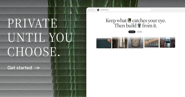 Social ad for Curatively: "Private until you choose." Minimal luxury style, browser layout, light palette in white, black, grey.