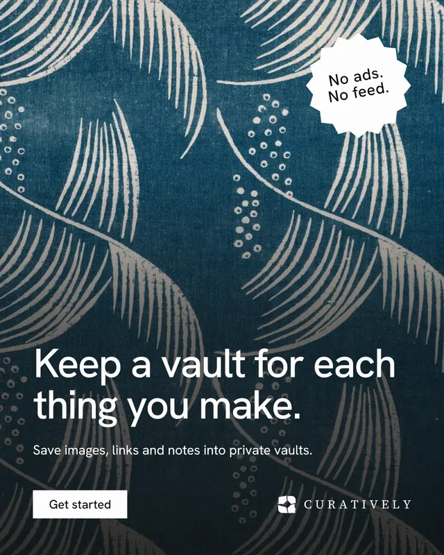 Instagram portrait post for Curatively: "Keep a vault for each thing you make." Swiss style, sticker layout, dark palette in blue, grey.
