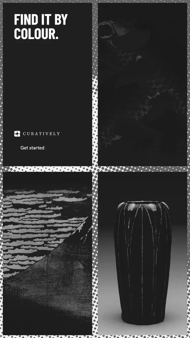 Instagram story for Curatively: "Find it by colour." Retro print style, collage layout, dark palette in black, grey.