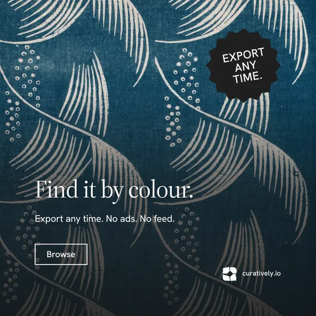 Instagram post for Curatively: "Find it by colour." Editorial style, sticker layout, dark palette in blue, grey.