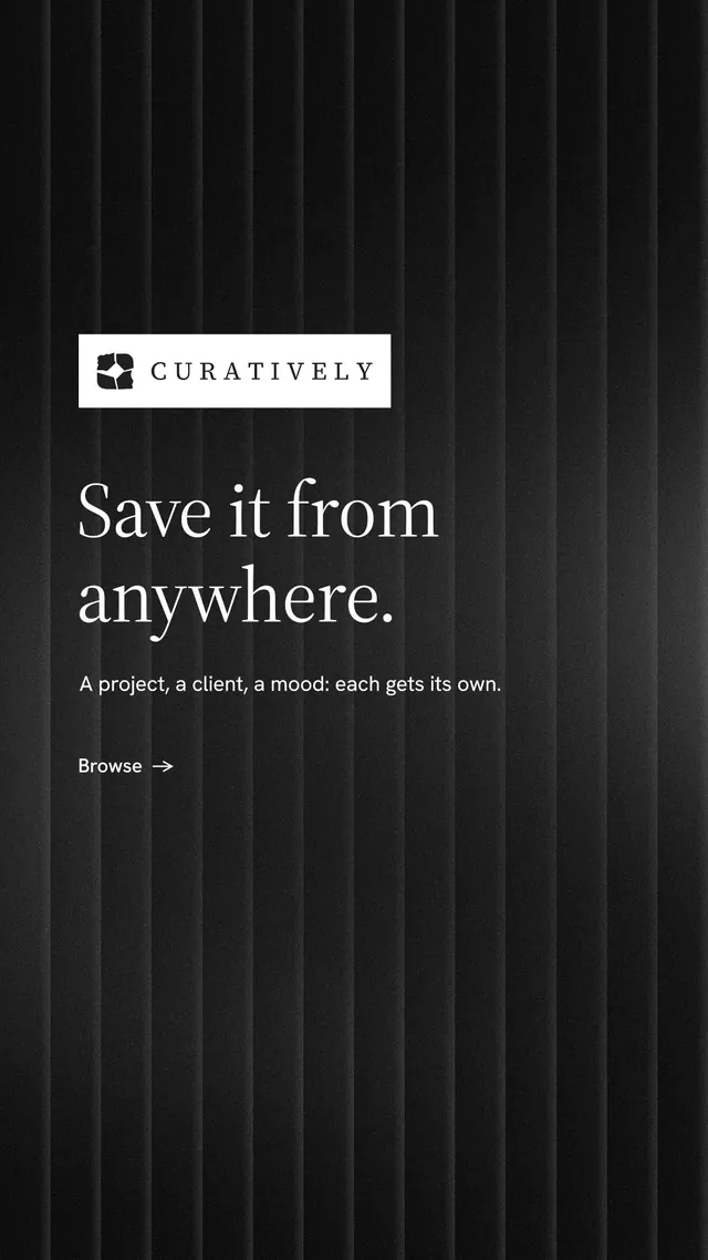 Instagram story for Curatively: "Save it from anywhere." Minimal luxury style, announce layout, dark palette in black, grey.