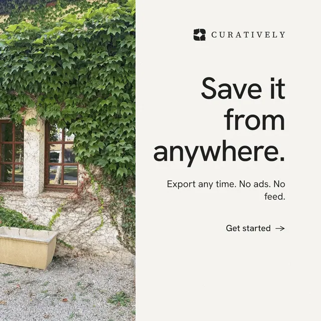 Instagram post for Curatively: "Save it from anywhere." Minimal luxury style, right layout, light palette in white, green, grey.