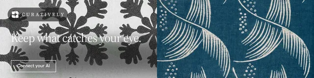 LinkedIn banner for Curatively: "Keep what catches your eye." Editorial style, bottom layout, light palette in blue, grey, white.