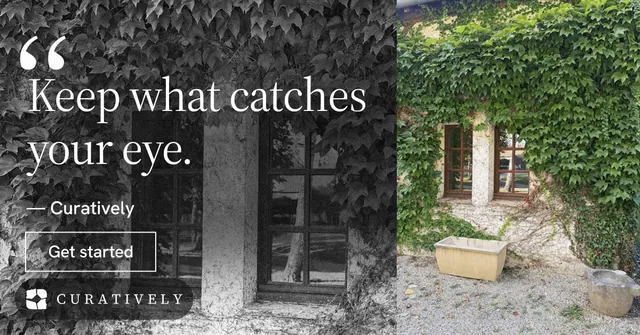 Social ad for Curatively: "Saved, sorted and yours." Editorial style, quote layout, dark palette in grey, black.