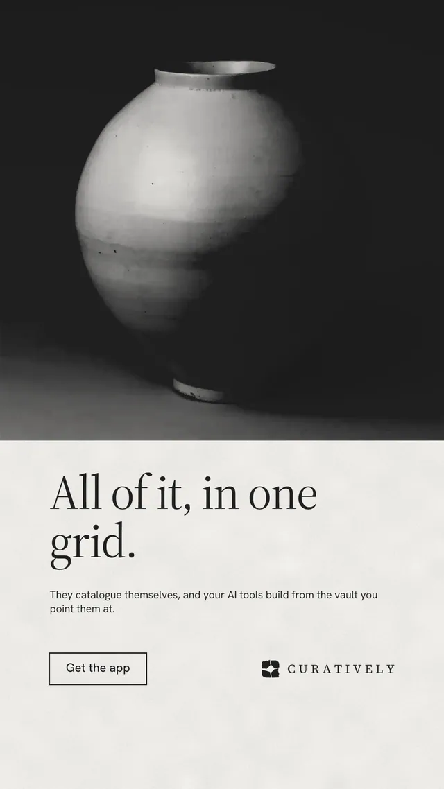 Instagram story for Curatively: "All of it, in one grid." Editorial style, bottom layout, light palette in white, black, grey.