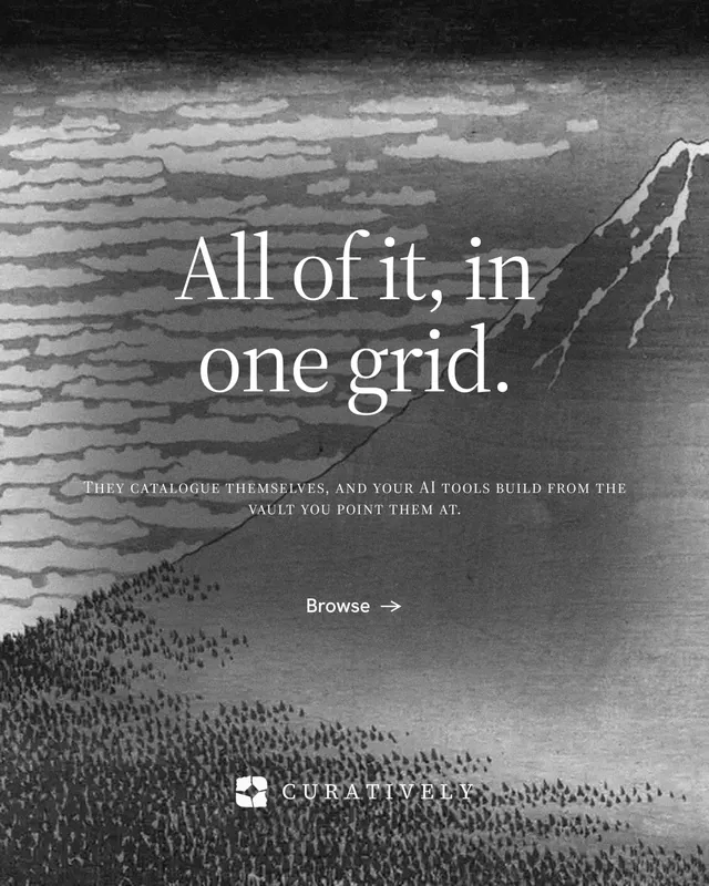 Instagram portrait post for Curatively: "All of it, in one grid." Editorial style, smallcaps layout, dark palette in grey, black.