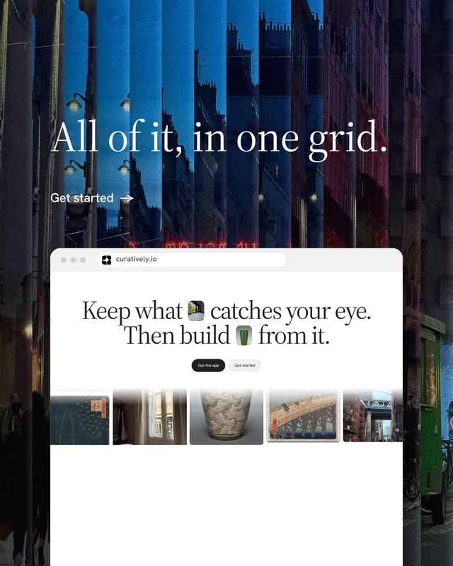 Instagram portrait post for Curatively: "All of it, in one grid." Minimal luxury style, browser layout, light palette in black, blue, white.