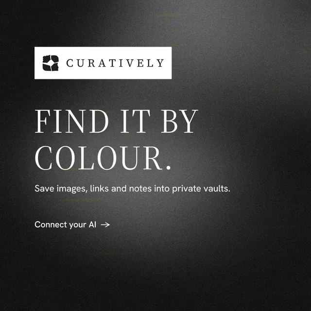 Instagram post for Curatively: "Find it by colour." Minimal luxury style, announce layout, dark palette in black, grey.
