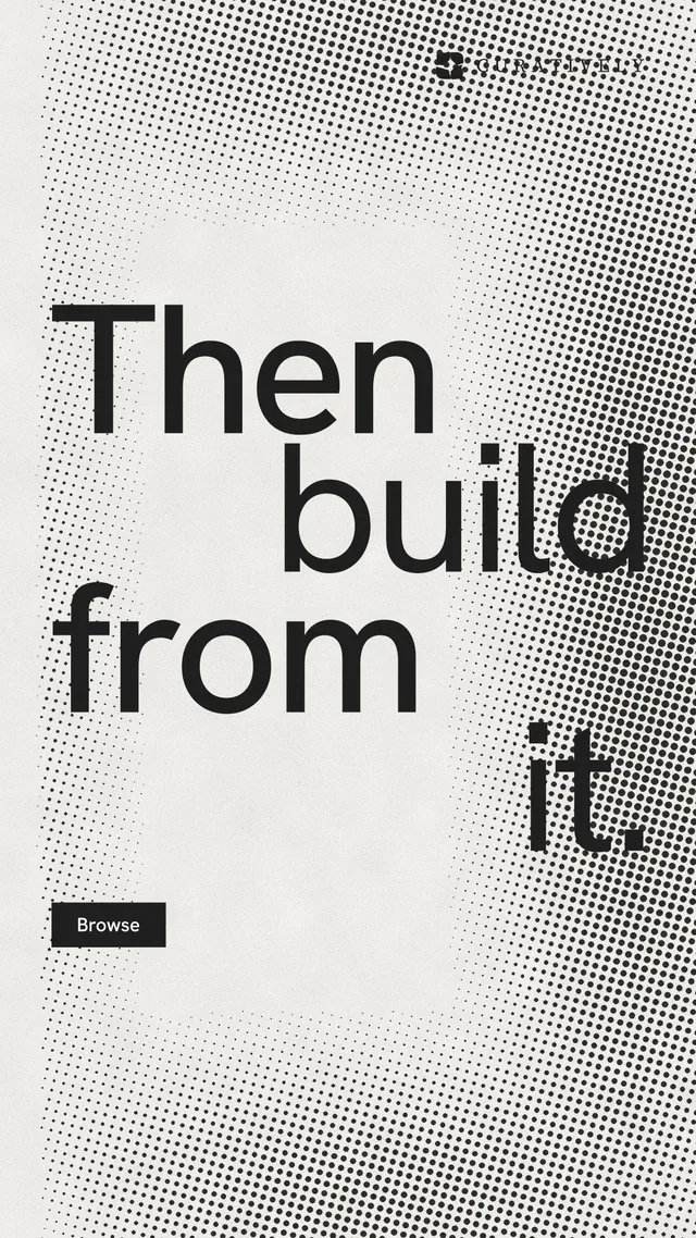 Instagram story for Curatively: "Then build from it." Swiss style, stacked layout, light palette in grey, white.