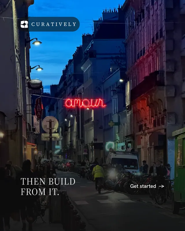 Instagram portrait post for Curatively: "Then build from it." Minimal luxury style, image led layout, dark palette in black, grey, blue.