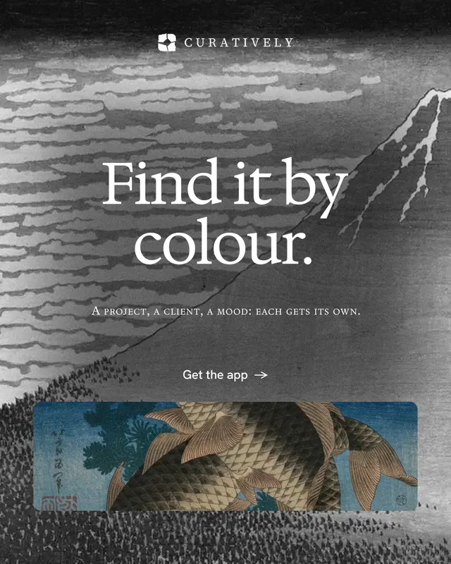 Instagram portrait post for Curatively: "Find it by colour." Photo poster style, smallcaps layout, dark palette in grey, black.