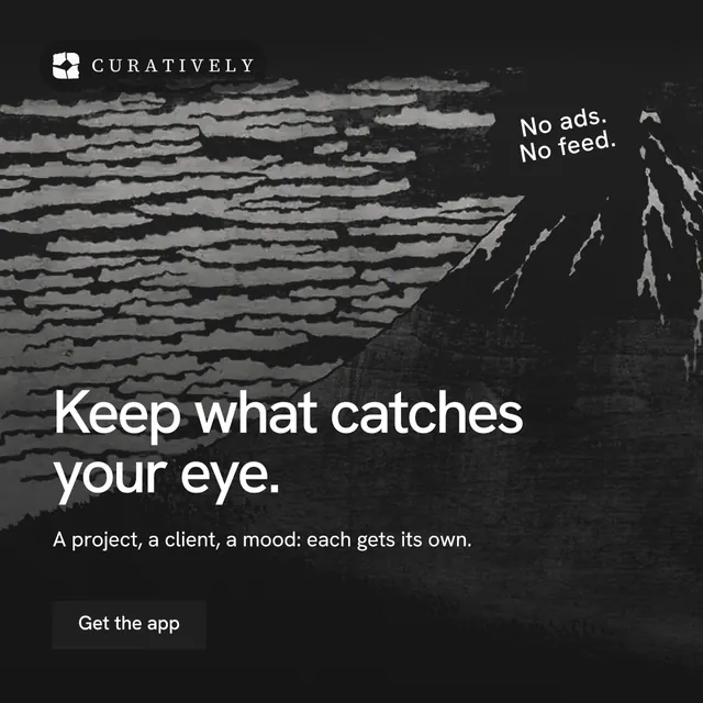 Instagram post for Curatively: "Keep what catches your eye." Swiss style, sticker layout, dark palette in black, grey.