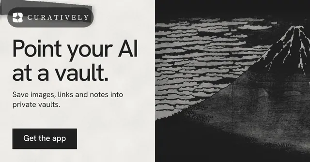 Social ad for Curatively: "Point your AI at a vault." Swiss style, bottom layout, light palette in black, white, grey.