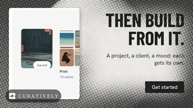 Landscape graphic for Curatively: "Then build from it." Retro print style, right layout, light palette in grey, white.