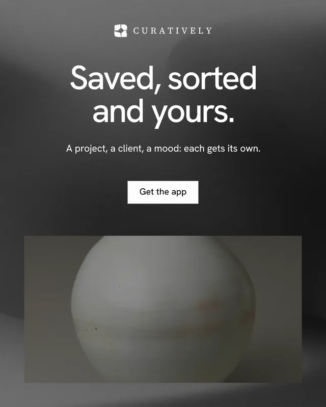 Instagram portrait post for Curatively: "Saved, sorted and yours." Swiss style, centred layout, dark palette in black, grey.