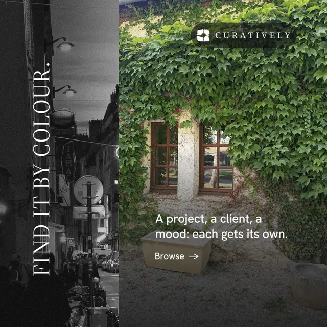 Instagram post for Curatively: "Find it by colour." Minimal luxury style, vertical layout, dark palette in black, grey.